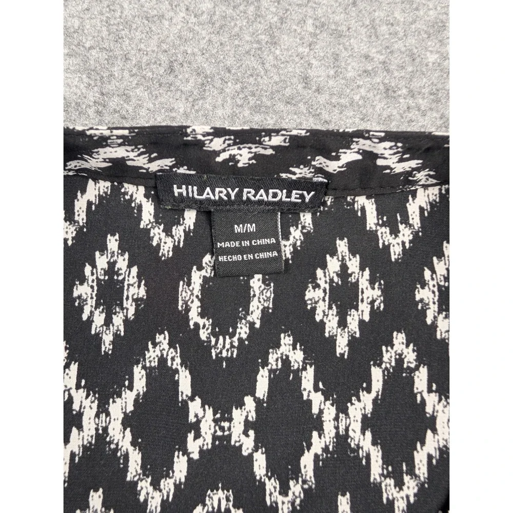 Hilary Radley Womens Black White Ikat Diamond Print Split Neck Blouse‎ Size Med